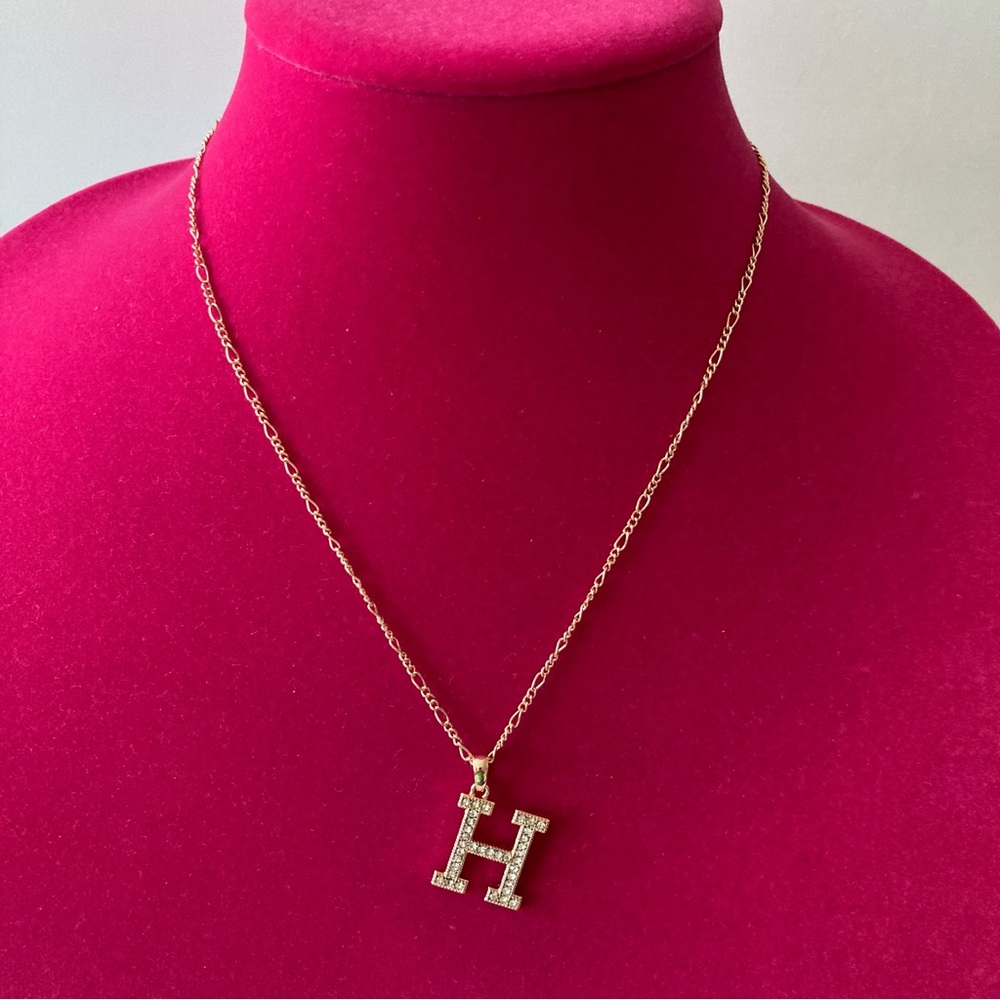 Initial Pendent H Necklace Figaro Chain Gold Tone with Clear Stones | New No Tag